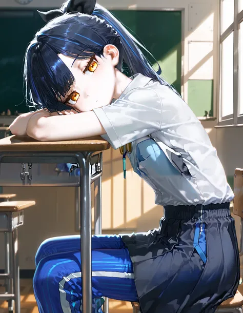 masterpiece, best quality, absurdres, very aestetic, (artist:wagashi (dagashiya)), artist:healthyman, artist:mameojitan, artist:mx2j, artist:quasarcake, from side, desk, ((1girl)), sitting, on chair, wooden desk, classroom, wooden chair, arm rest, white sh...