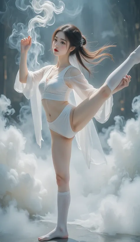 standing splits，chinese clothes，cloud ，makeup，red lips ，smoke ，waves，floating hair ，（（（（（Standing snapping refracts ：1.6， “sexy thigh-high socks”:1.5））））），Yoga Pants，is， plump hips 