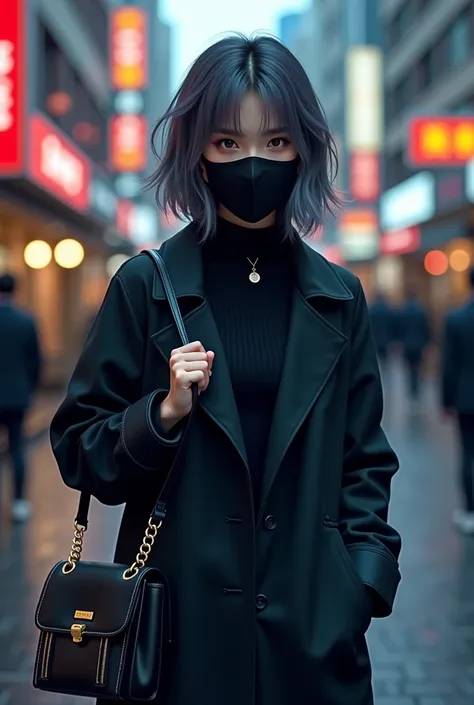 a woman with a black mask and a black purse on a city street, cyberpunk art inspired by Kanō Naizen, reddit, aestheticism, muted cyberpunk style, aesthetic cyberpunk, cyberpunk look, style of cyberpunk, wearing cyberpunk streetwear, cyberpunk streetwear, c...