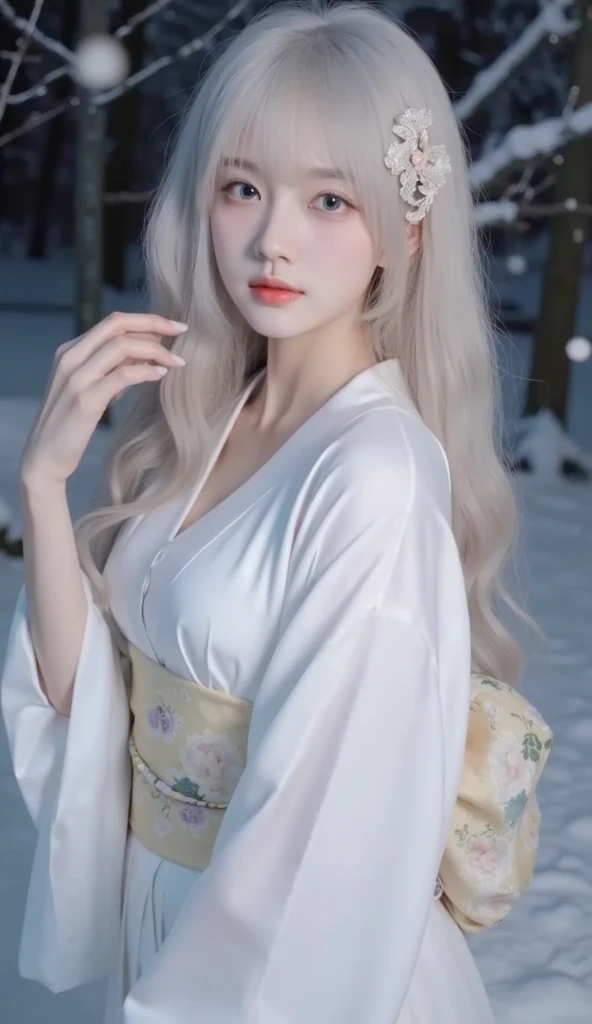  Masterpiece,  top quality , (  solo focus), (  perfect face in the room:1.1), (  high detail:1.1),dramatic, 1 person,  standing、(  pale skin on a street car), Long white hair, White Eyes,  alone,  long hair, moon, knight ,  white luxury suit , ,  covered ...