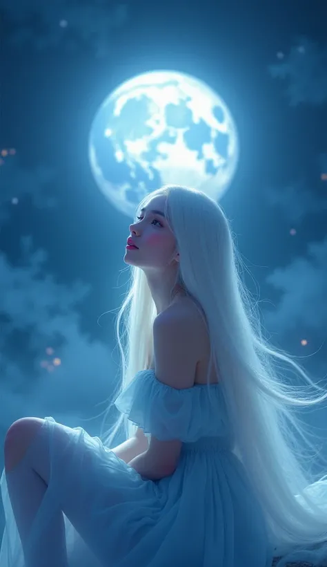 A beautiful young girl adult (baby pink eye, light blue color dress, white  hairs, pink lip, white skin,)in a dark night she is sitting and see mooon see back side of girl real life pic and HD pics