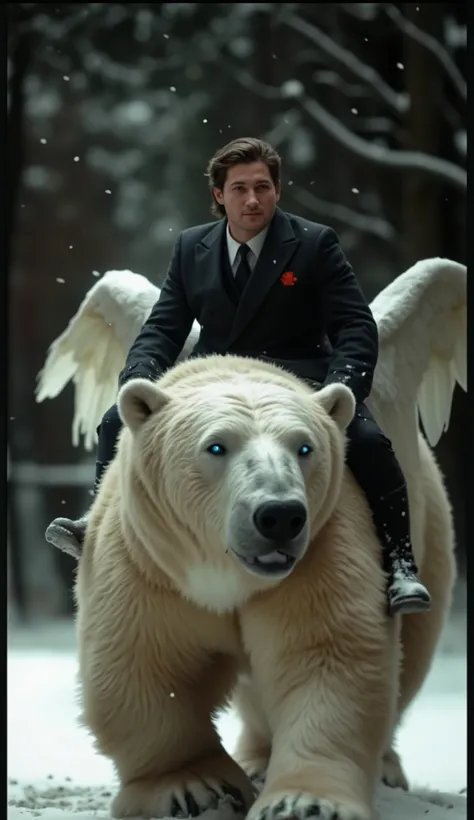 "A highly detailed and cinematic image of a man in a black suit with a white shirt and black tie, riding a massive polar bear with glowing blue eyes. The man has short, slightly wavy dark hair, a confident and determined expression, and wears a black coat ...