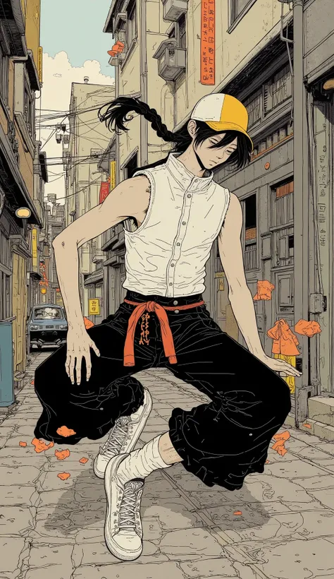 1  young man\ Thin macho handsome、 young, Tokyo Backstreets,  wearing a deep white baseball cap on the back  (Yellow Brim  :1.2),   、Long black hair １ is put together in a braid、 long bangs ,  black roomy pants  ,  white sleeveless (  Wudang Taijiquan Shir...