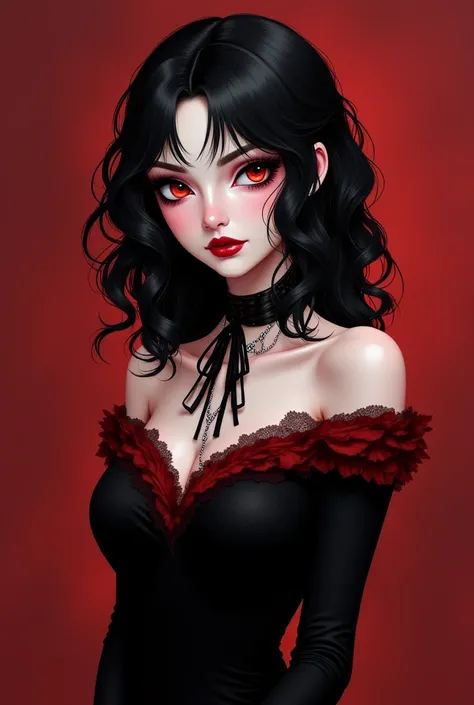 vampire woman anime , pale, Ojos rojos,  wavy black hair, Gothic off-the-shoulder black and red long dress.  black shadow on her eyes and elegant . a thin ribbon tangled around her neck,  without bangs