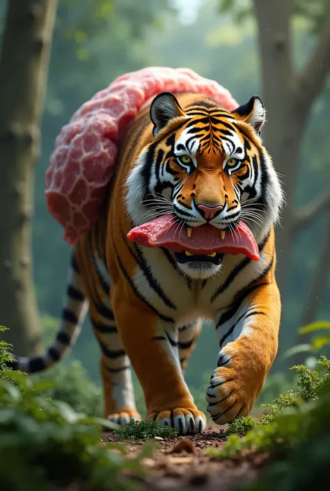 Picture of a tiger carrying trimmed pork on its back