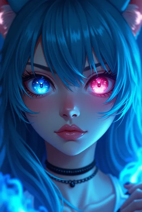 woman, face close-up, right eye blue, left eye pink, eyes reflecting stars, close-up of eyes, tattoo, big lips, choker, serious expression, long blue hair, blue cat ears, long black nails, leans forward, serious, bright moon, flying blue flames, blue swirl...