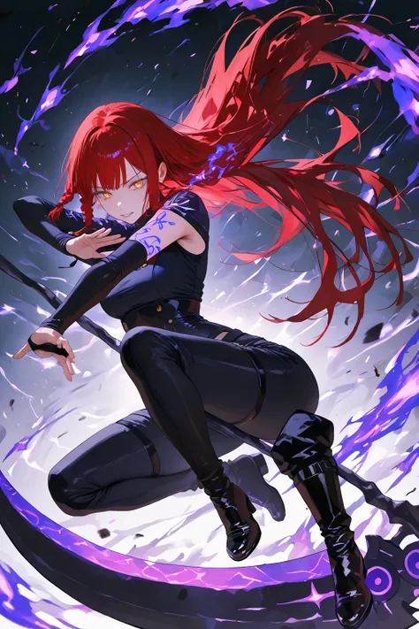 1girl, long black knee socks, black boots, black
long pants, tight black top, black fingerless
arm warmers, red hair,
long hair, golden eyes, holding
a Scythe in her hands, Scythe black with purple
glowing ornaments, scythe tilted backwards,
fighting posit...