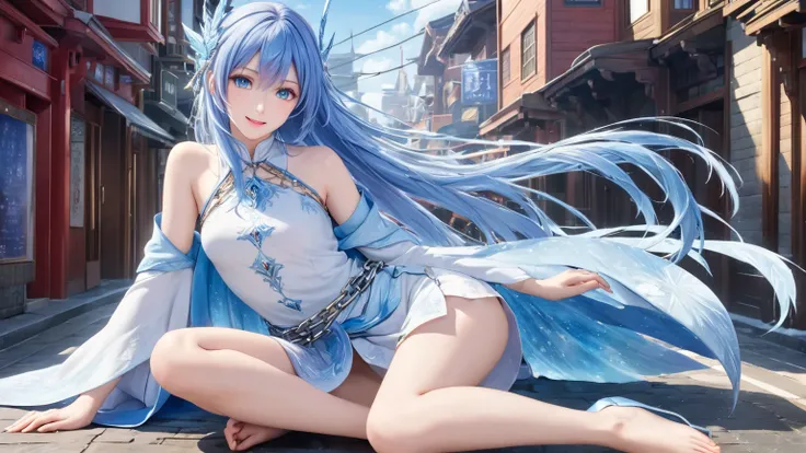  full body shot、Alone、 one woman、 one woman、 light blue hair, light blue eyes 、Light blue lips 、My very long hair shakes in the wind、 Final Fantasy's Ice Summoner Shiva costume,  Belly-baring shirt,  portrait body,  unrivaled masterpiece, Ultra-realistic 8...