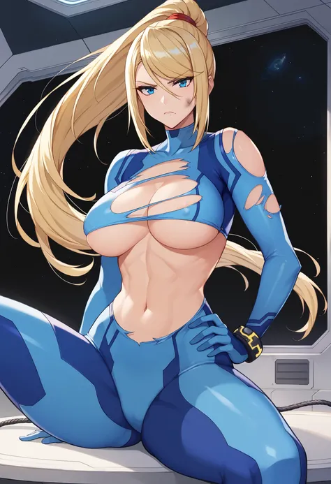 score_9, score_8_up, score_7_up, interior, futuristic, cable, space station, black background, cowboy shot, 1girl, solo, samus aran, blue bodysuit, gloves, hand on own hip, sexy pose, frown, annoyed, long hair, high ponytail, blue eyes, looking at viewer, ...