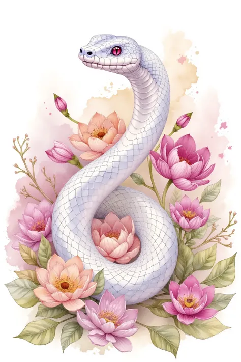 snake watercolor, painting of a small white snake with pink eyes, pink flower, color splashing, pastel coloring, intricate detailed, bottom text "The Year Of Snake"