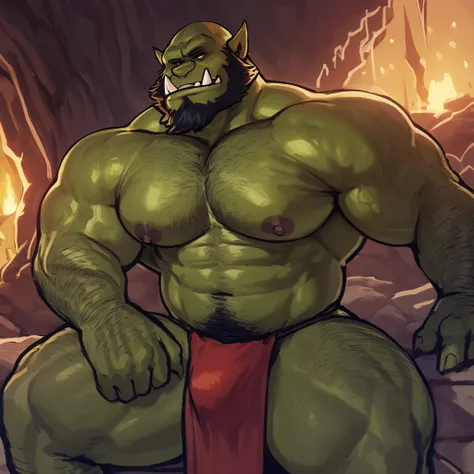 Green skinned bara orc, bald, very horny, flexing hairy and musky pit, hairy body, very large pecs, strong physique, very muscular, perfect anatomy, masterpiece, black beard, black eyes, strong jaw, giant biceps, shirtless, hairy pectorals, solo, great lig...