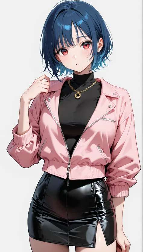 1girl, blue hair, red eyes, short hair, bangs, black clothes, pink jacket, wearing a short skirt that is a little tight, wearing gold necklace, white background