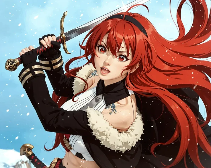 anime girl with red hair holding a sword and a sword, Red eyes, opening her mouth, short-bellyed shirt, trousers very short to the thigh, winter coat, tie on the head,  erza scarlet as a real person, rias gremory, ayaka genshin impact, female action anime ...