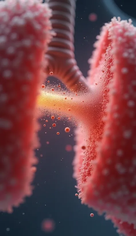 Close-up animation of PM2.5 dust particles being inhaled, traveling down the respiratory tract, and accumulating inside the lungs. The particles are compared in size to a human hair, showing how incredibly small yet harmful they are