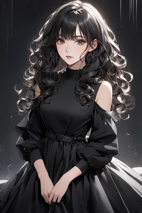 ,Black long sleeve dress with shoulders, black hair,Curly Hair,Slightly long,