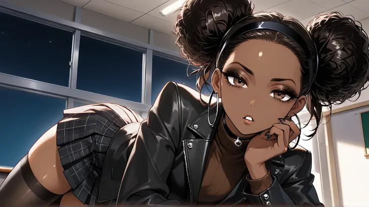 1Girl, Mature, Ebony, African American, Dark Skin, Jet Black Hair, Afro, Double Bun, Shiny Hair, Bright Brown Eyes, Black Nails, Dark Brown Eye Shadow, Medium Chest, Brown Turtleneck Shirt, Black Varsity Jacket, Black Plaid Skirt, Black High-Thigh Socks, B...