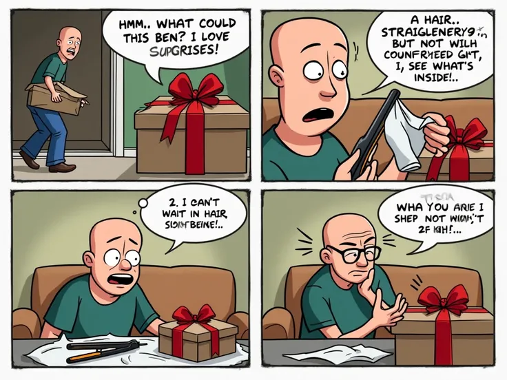 Generate a comic book style image with the instructions below.

Panel 1: The Mystery Box Arrives
Scene: A bald man (let's call him Mr. Clean) is standing at his doorstep, holding a beautifully wrapped mystery box with a big red bow. The delivery person is ...