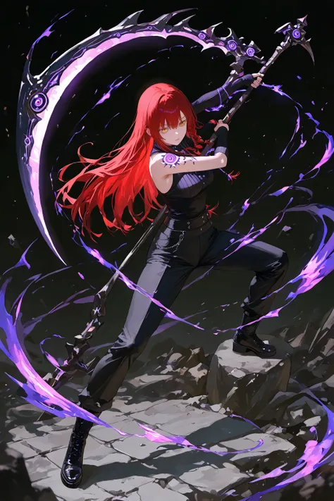 1girl, long black knee socks, black boots, black
long pants, tight black top, black fingerless
arm warmers, red hair,
long hair, golden eyes, holding
a Scythe in her hands, Scythe black with purple
glowing ornaments, scythe tilted backwards,
fighting posit...