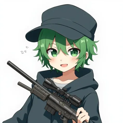 boy with green hair、 anime style、Carrying a sniper、 has a white background、I'm wearing a hat and a hood、The eyes are hidden in the bangs and are not visible