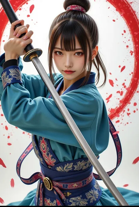  Cannon Pictures Crystal Clear , Female swordsman holding a Japanese sword with both hands、 holds up a sword during battle、Elegant、Strict、Japanese Beauty、