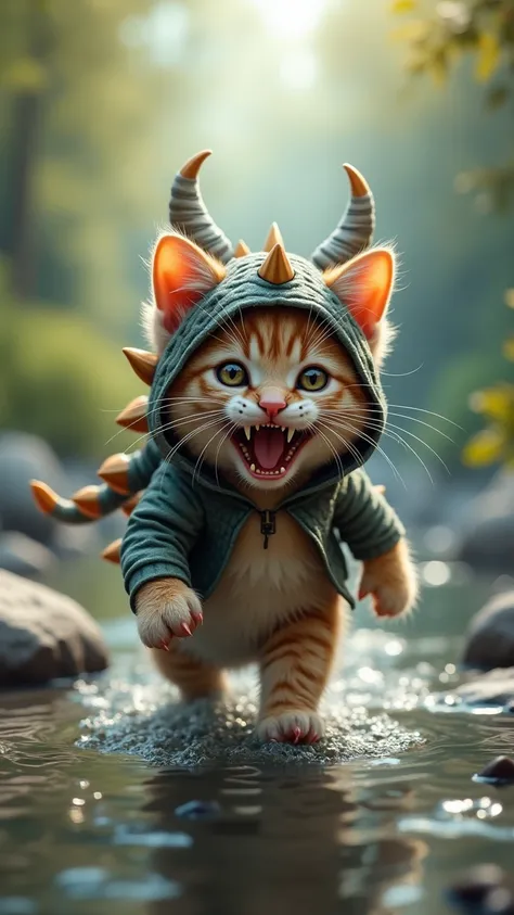 A realistic kitten wears a monster costume and walks down the river with its mouth wide open