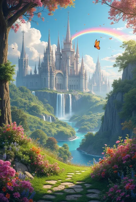 Create a fantasy world full of rainbows,Beautiful flowers ,butterfly,spell,Big city