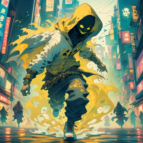 複数Human ghosts, みんなで缶のジュースを飲んでいる Ghost、[Scared、bodywear、Ghost、fight、battlefield、 Detailed city background,  yellow aura from the eyes,Detailed city background, big gold necklace,  is wearing a hoodie, 複数Human ghosts, ５Human ghosts