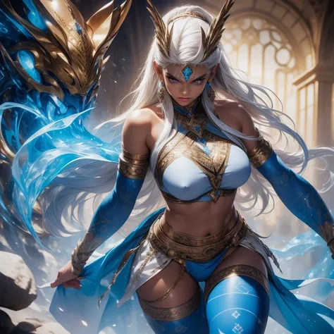 hyper realistic, high resolution, masterpiece, detailed, solo, young beautiful Atlantean woman, curvy, tan skin, grey eyes, white hair. tribal-face-paint blue. large-sapphire-covering-nipples. silver leggings with blue trim. blue flip flop, cameltoe,