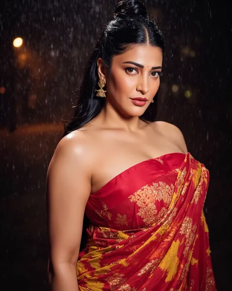 Looking at the viewer with sexy look, front view,Indian sexy bhabhi, wearing yellow glossy saree,tight yellow sleevless strapless bra, dancing outside in rain,dripped wet in rain, half drape saree,both hands on head showing dark hairy armpits,detailed wet ...