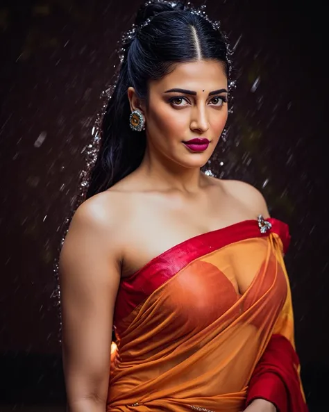 Looking at the viewer with sexy look, front view,Indian sexy bhabhi, wearing yellow glossy saree,tight yellow sleevless strapless bra, dancing outside in rain,dripped wet in rain, half drape saree,both hands on head showing dark hairy armpits,detailed wet ...