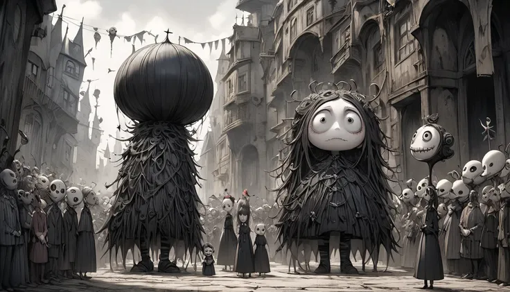 god、  Tim Burton's World、   top quality  ,  Masterpiece,    high detail,    looks like a scene from the movie、People standing side by side、