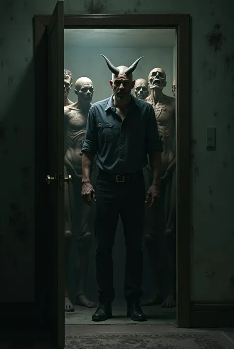 A man with devil horns who opens a closet with dead bodies 