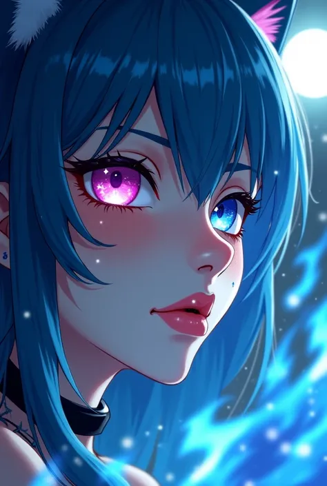 woman, face close-up, right eye blue, left eye pink, eyes reflecting stars, close-up of eyes, tattoo, big lips, choker, serious expression, long blue hair, blue cat ears, long black nails, leans forward, serious, bright moon, flying blue flames, blue swirl...