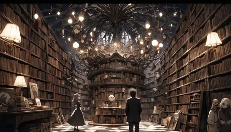 god、  Tim Burton's World、   top quality  ,  Masterpiece,    high detail,    looks like a scene from a movie、Surrounded by bookshelves、An interesting person、