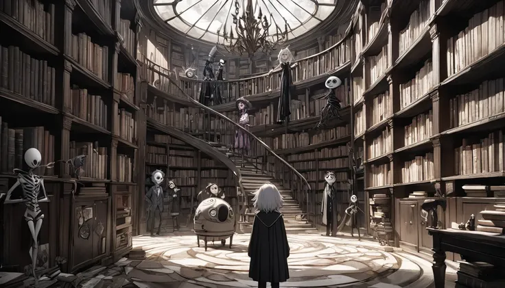 god、  Tim Burton's World、   top quality  ,  Masterpiece,    high detail,    looks like a scene from a movie、Surrounded by bookshelves、An interesting person、