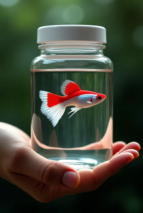 Guppy fish with Indonesian flag motif inside plastic held by 