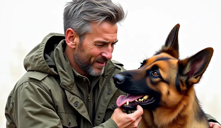 draw a middle age x-army man having grey hairs , small beard , light wrinkle soft skin , looking like messi footballer,  wearing a army jacket with a German Shepherd  dog , man is holding dog mouth in his hand
