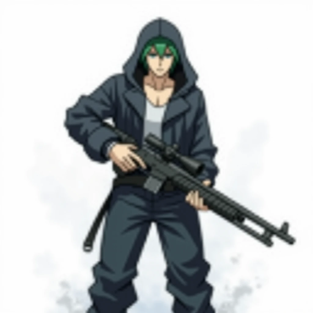 Man with green hair、 anime style、Carrying a sniper、 has a white background、I'm wearing a hood over my hat、Short Hair、 is cool、The expression of going to the battlefield now