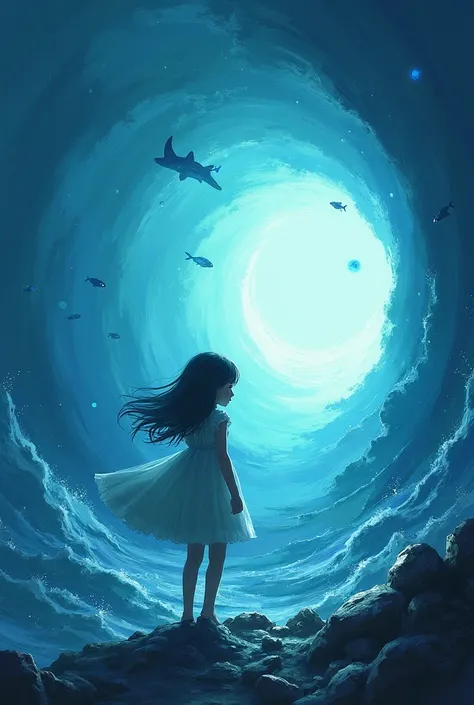 Please make a cover image about littel girl go to a fantasy novel titled  Searching for Maristella: A Light in the Endless Ocean