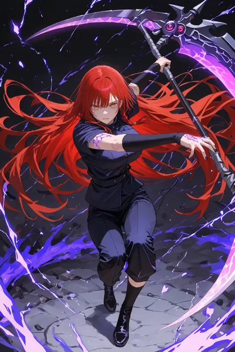 1girl, long black knee socks, black boots, black
long pants, tight black top, black fingerless
arm warmers, red hair,
Extra long hair, golden eyes, holding
a Scythe in her hands, Scythe black with purple
glowing ornaments, scythe tilted backwards,
fighting...