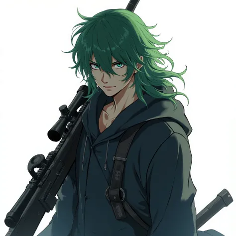 Man with green hair、 anime style、Carrying a sniper、 has a white background、I'm wearing a hat and a hood、The eyes are hidden in the bangs and are not visible、 is cool