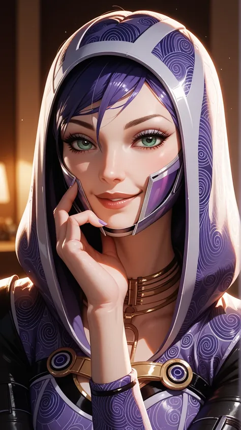 anime comics Disney ent Mass Effect 3, beautiful Tali in micro bik ini macromastia wide hips , seductive gait, flirting tilt of the head, wearing a mask, a smile peeks through, beckons with a finger