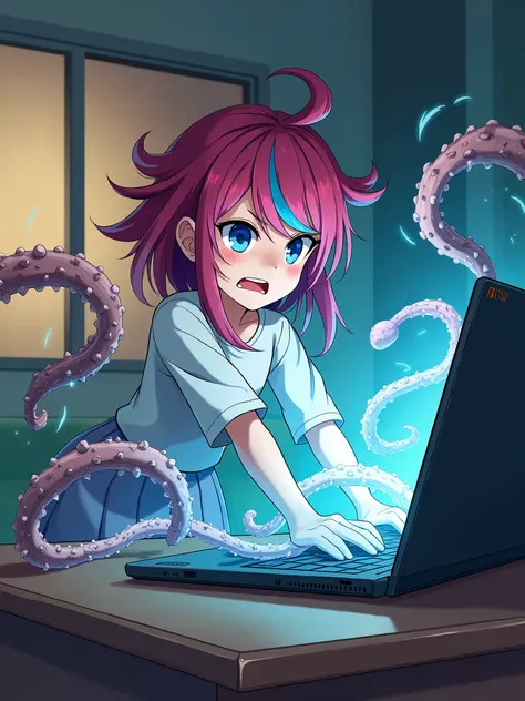 Anime style,  Girl with dye hairs stay  near laptop,  ((She destroying    tentacles  , the  tentacles  going from screen laptop try cath her )), embarassed emotion