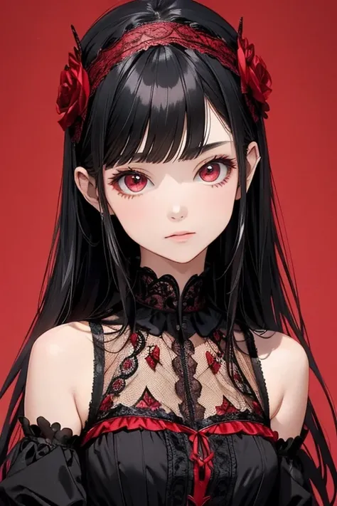  Black and Red Lace Dress 、 cute、Villainess、 headbands .((background、Red lace)).