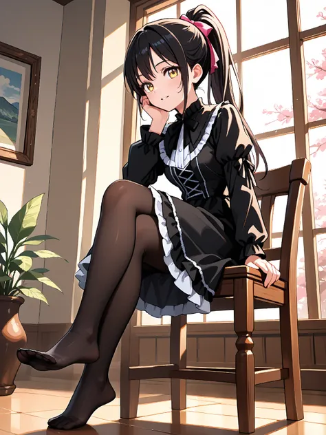 ( top quality), accurate anatomy, masterpiece, super detailed,  top qualityの顔,  top qualityの髪, ultra-fine painting, ( finger without bankruptcy), 
break
(Kamisaki Hikaru ),yellow eyes,long hair,black hair, ponytail,
break
sitting, pantyhose, focus on feet,...