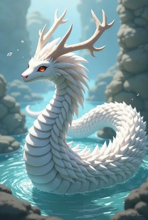 pokemon, white gyarados, anime style, female, serpentine, with white antler horns and white fur