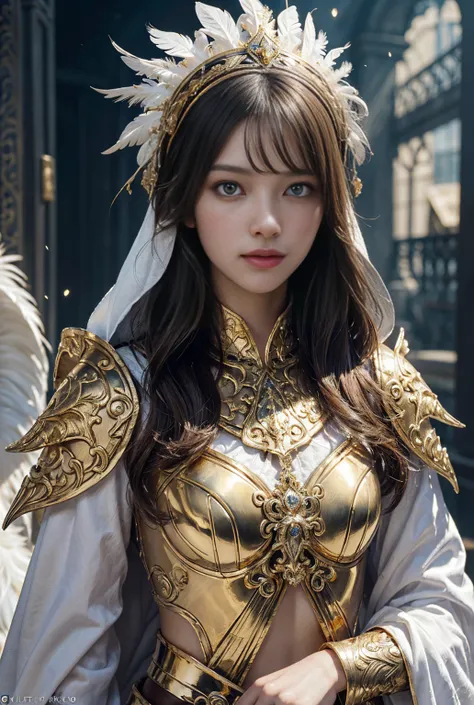 A pious lady beauty girl,(White straight rong hair),(glowing gold eyes),(wearing Whitegold spellsword armor and Intricate gold and feather and crystal headdress on her head and White cloak 1.5),( sacred sword in her hand 1.5 ),( serious 1.2),flash effect, ...