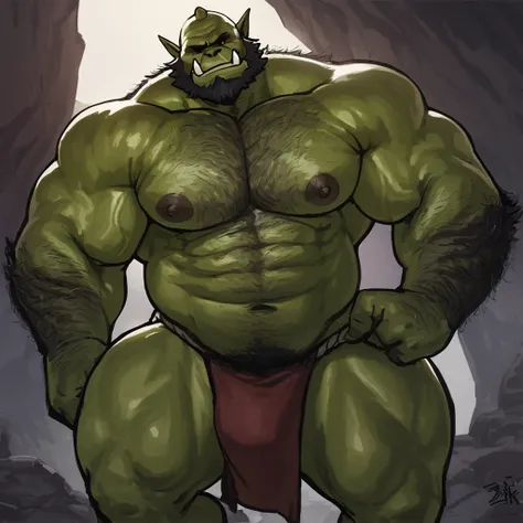 Green skinned bara orc, angry face bald, very horny, hairy body, very large pecs, strong physique, very muscular, perfect anatomy, masterpiece, black beard, black eyes, strong jaw, giant biceps, shirtless, hairy pectorals, solo, great lighting, nude, loinc...