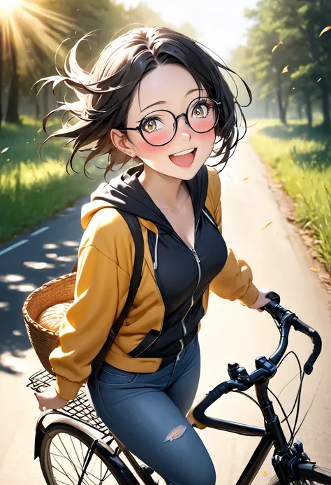 sfw,RAWphoto,photorealistic,8k16k,best quality,perfect anatomy,perfect detailed,ultra highres, extremely detailed eyes and face,gleaming skin,shiny skin,1girl,young,Japanese,black short hair,pixie cut, (wearing glasses:1.3),(parted bangs,forehead:1.2),roun...