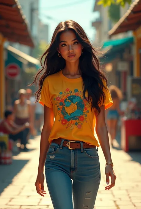  create an image of a Brazilian woman,  long hair, Walking the meter ,  wearing an anime shirt and jeans 